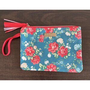 Pioneer Woman Floral Zippered Pouch Cosmetic Make-up Bag With Red Fringe Teal